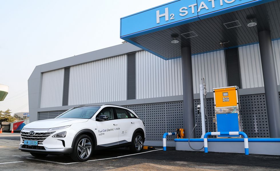 A white Hyundai Nexo at a hydrogen filling station.